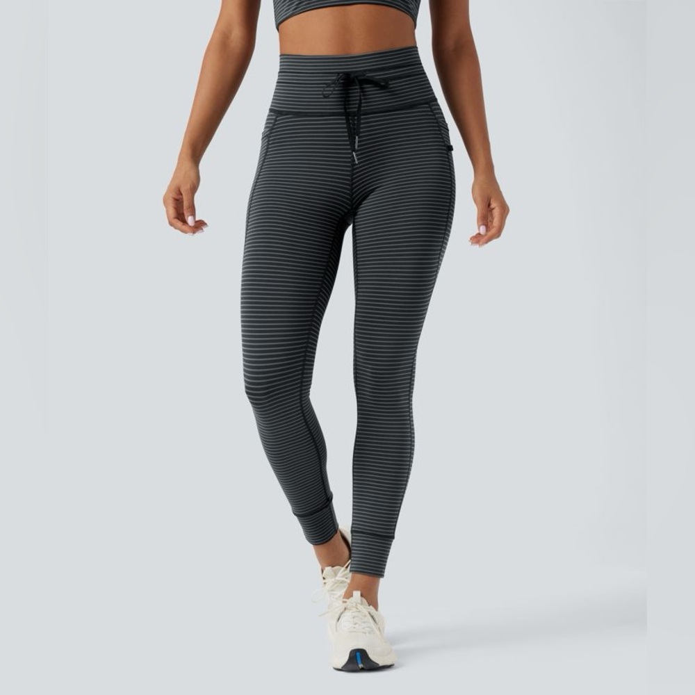 Halara High Waisted Drawstring Striped Yoga Leggings with Pockets Steel Stripe S